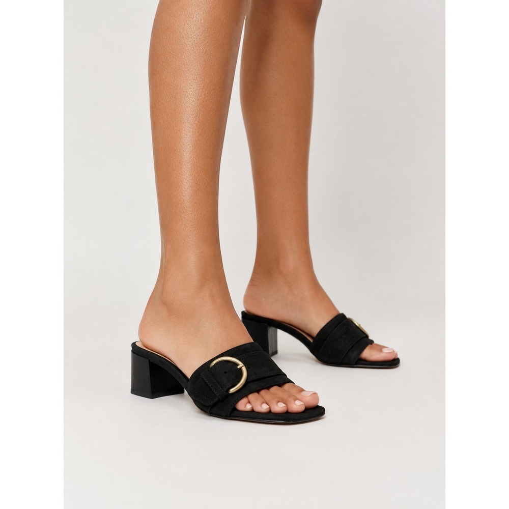 Gianvito Rossi Black Suede Buckle Slide Sandal Block Heel Mule 37 EU US 7